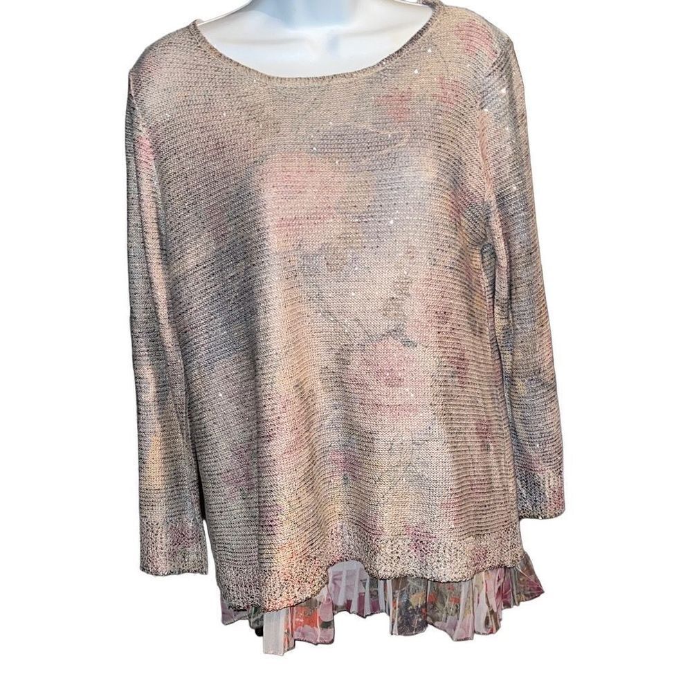 Sioni Women Knitted Long Sleeve Floral Blouse with Pleated Skirt Beneath Medium